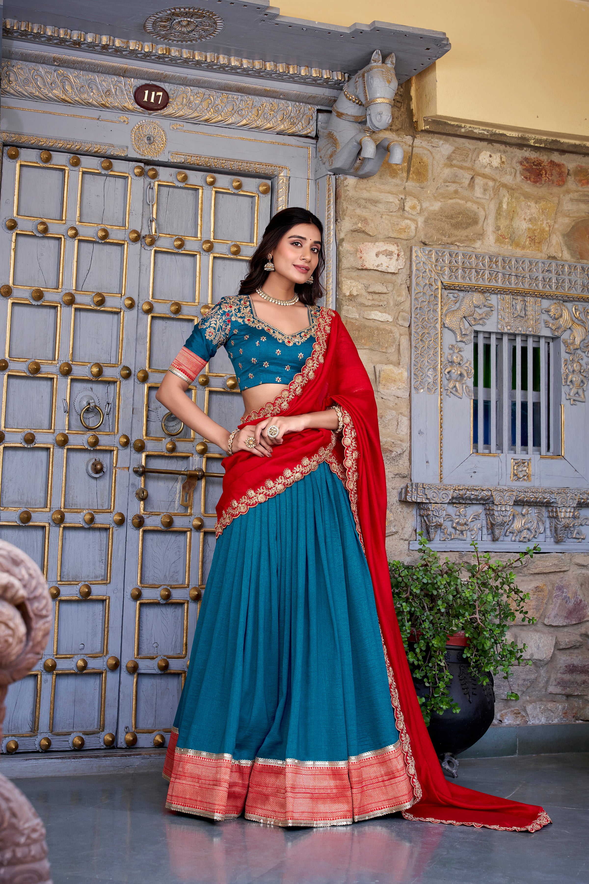 Pure Vichitra Silk Lehenga with Dupatta and Zari Weaving Work Lace Border Belt