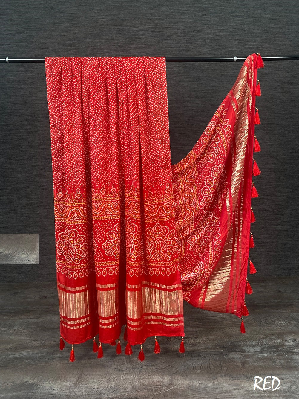 Bandhani Printed Pure Gaji Silk Dupatta with Tassels