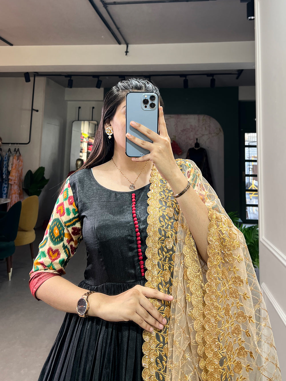 Black Dola Silk Print Foil Work With Dupatta Gown