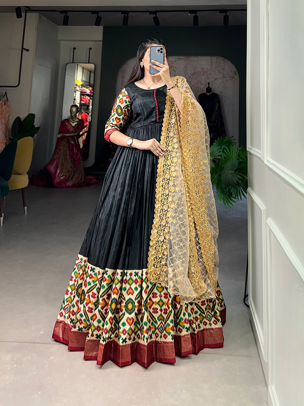 Black Dola Silk Print Foil Work With Dupatta Gown