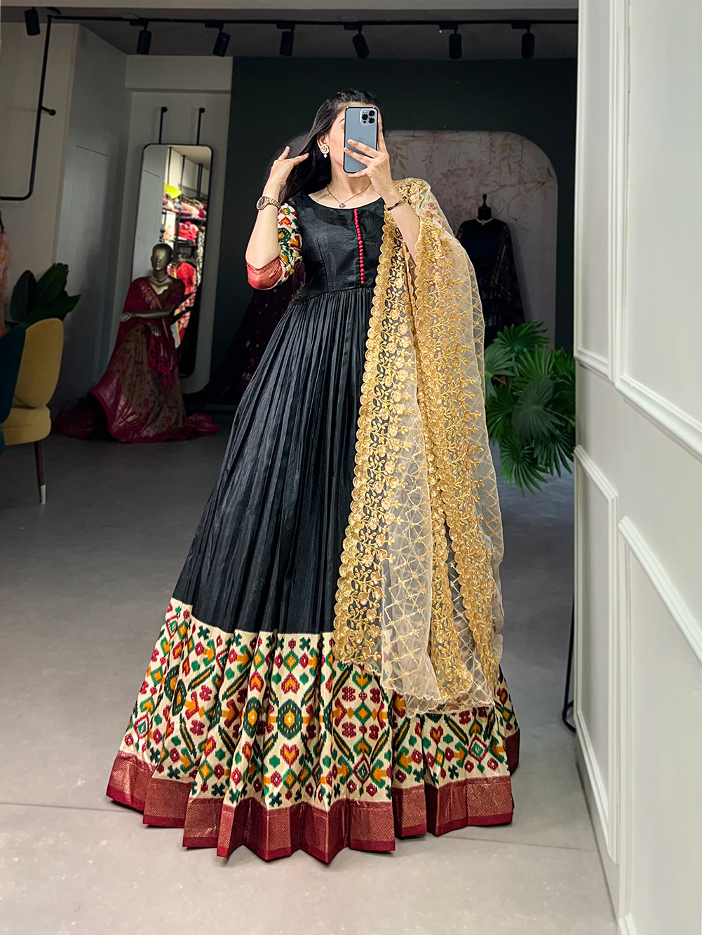 Black Dola Silk Print Foil Work With Dupatta Gown