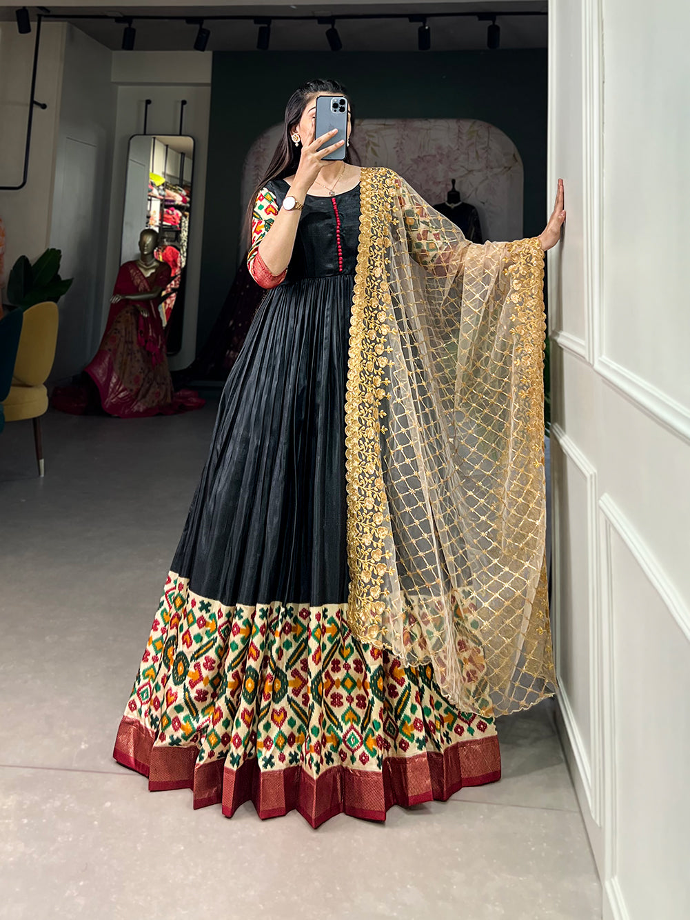 Black Dola Silk Print Foil Work With Dupatta Gown