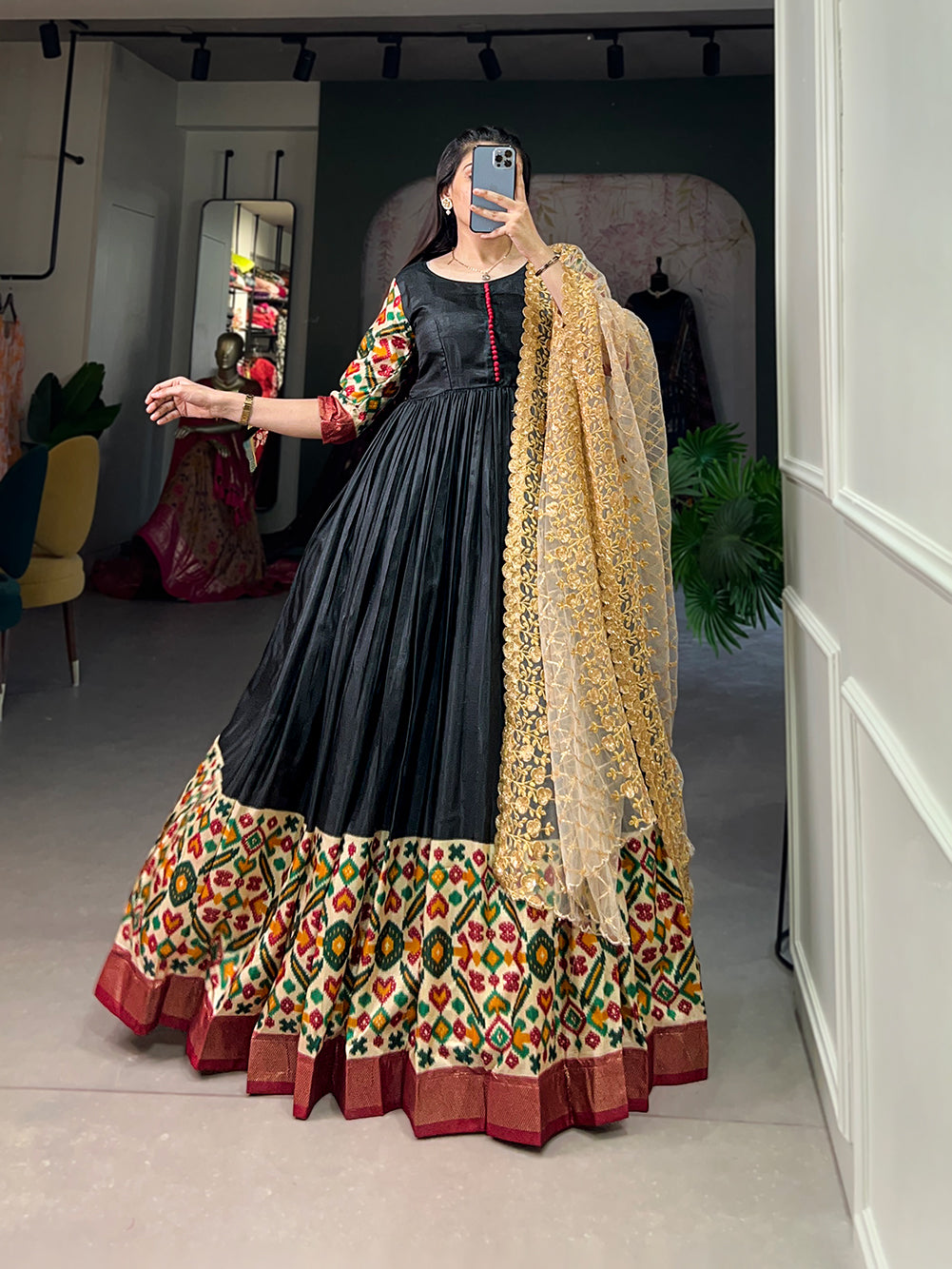 Black Dola Silk Print Foil Work With Dupatta Gown