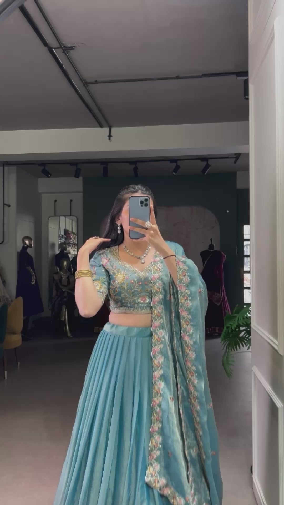 Elegant Powder Blue Lehenga with a Heavy Velvet Embroidered Dupatta
