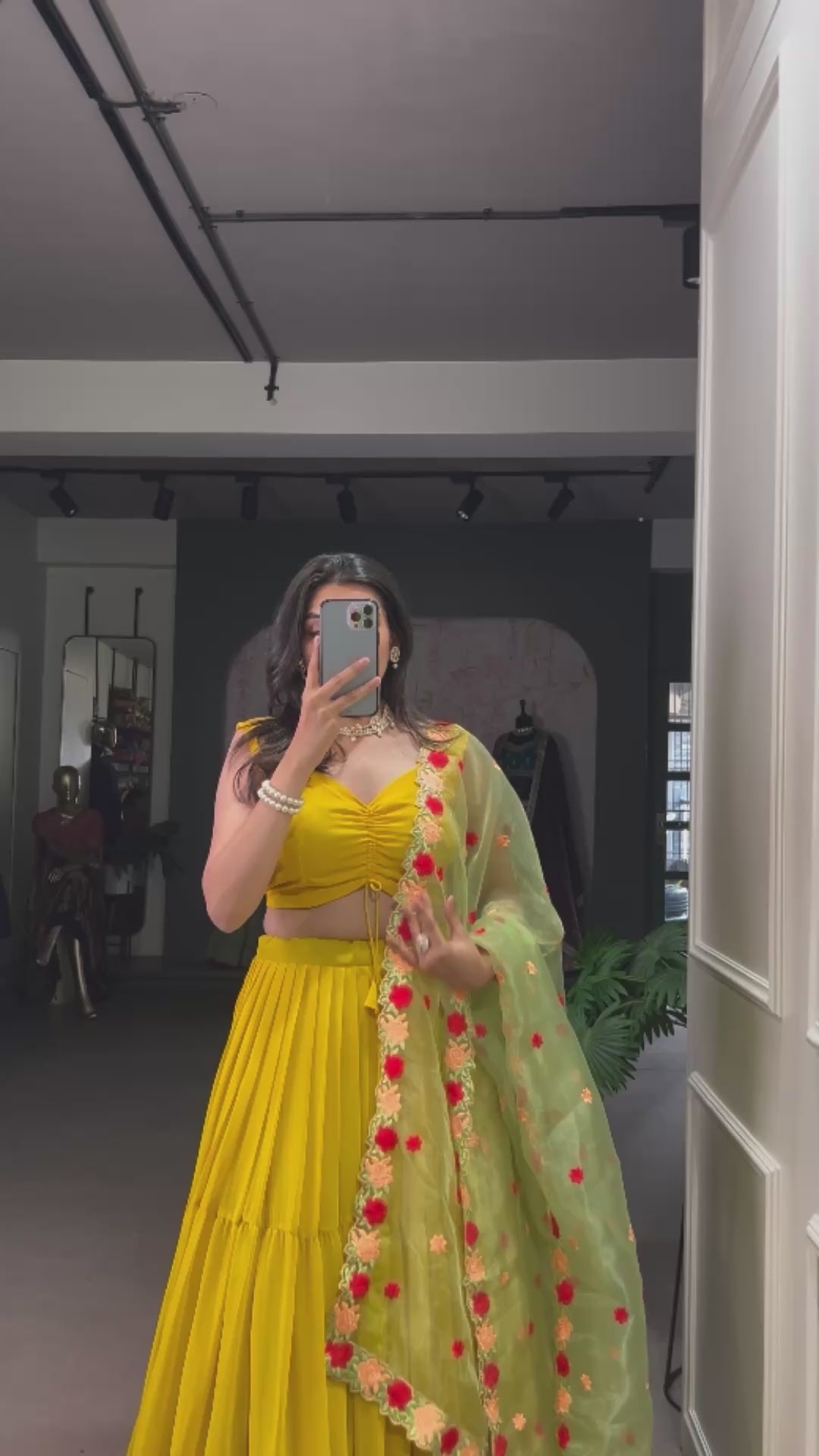 Vibrant Yellow Tiered Lehenga Choli with Floral Embroidered Dupatta