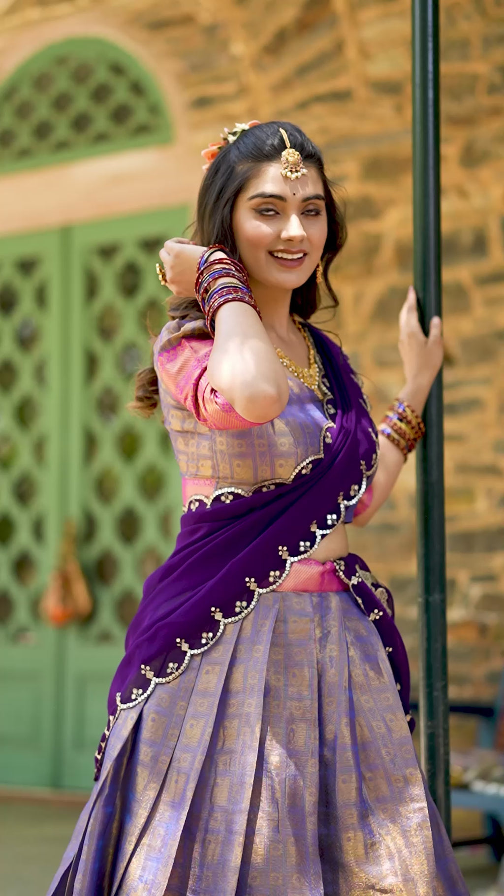 Kanjivaram Lehenga with Contrast Dupatta and Traditional Zari Weaving Work