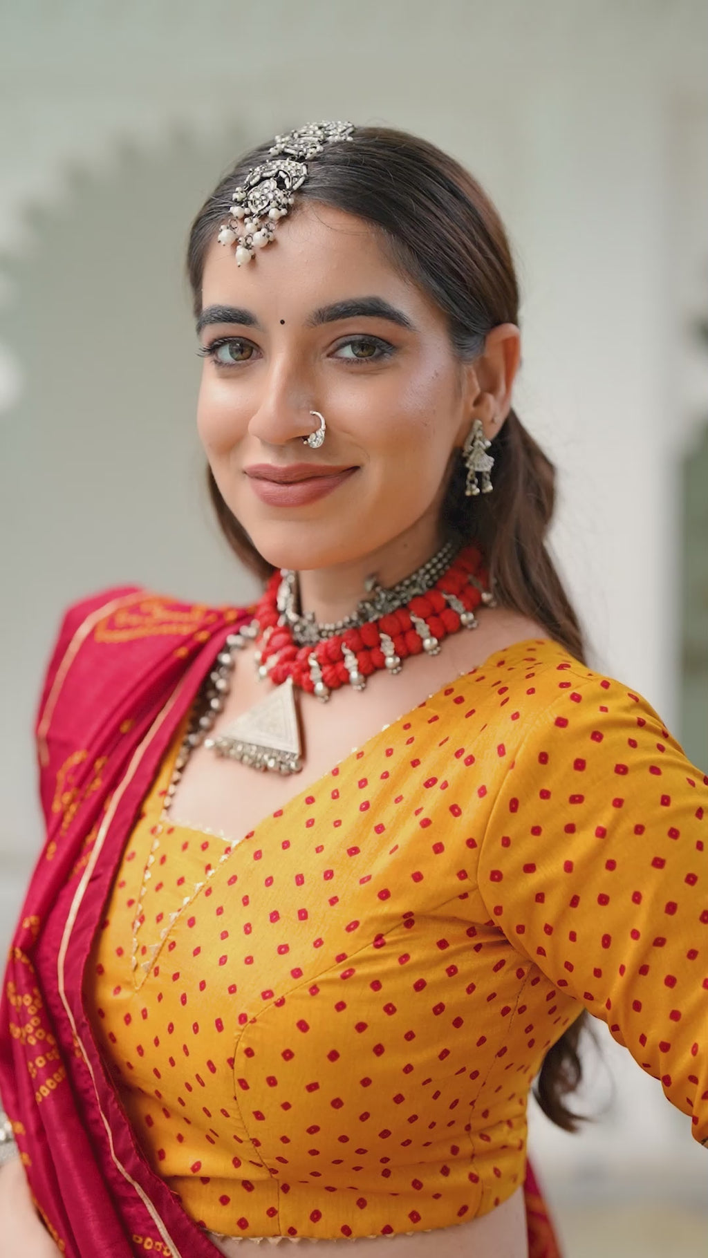 Traditional Bandhej Lehenga Choli with Contrasting Dupatta Elegance