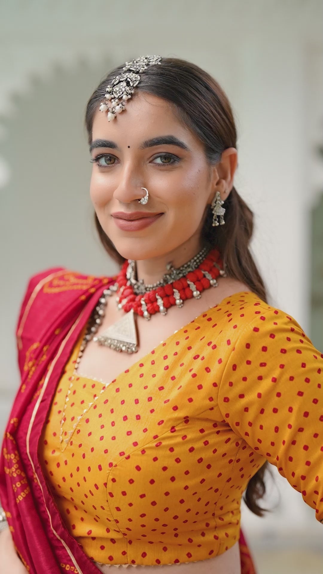 Traditional Bandhej Lehenga Choli with Contrasting Dupatta Elegance