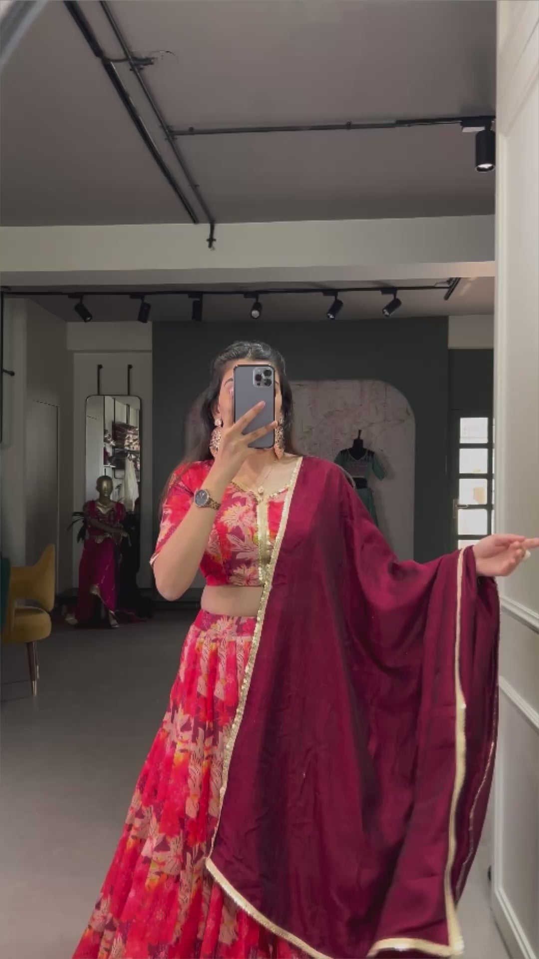 Radiant Red Floral Lehenga with Elegant Maroon Dupatta