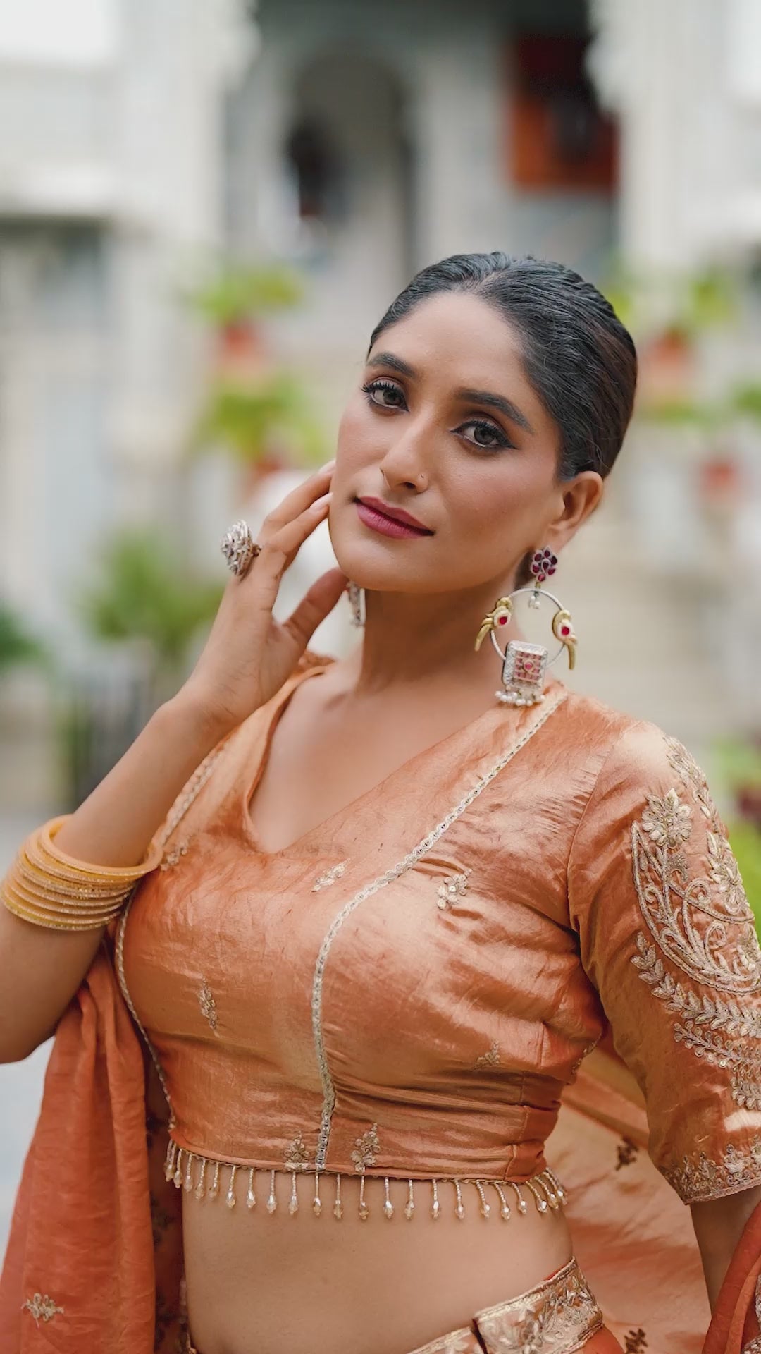 Designer Rose Gold Lehenga in Crushed Shimmer Fabric with an Embroidered