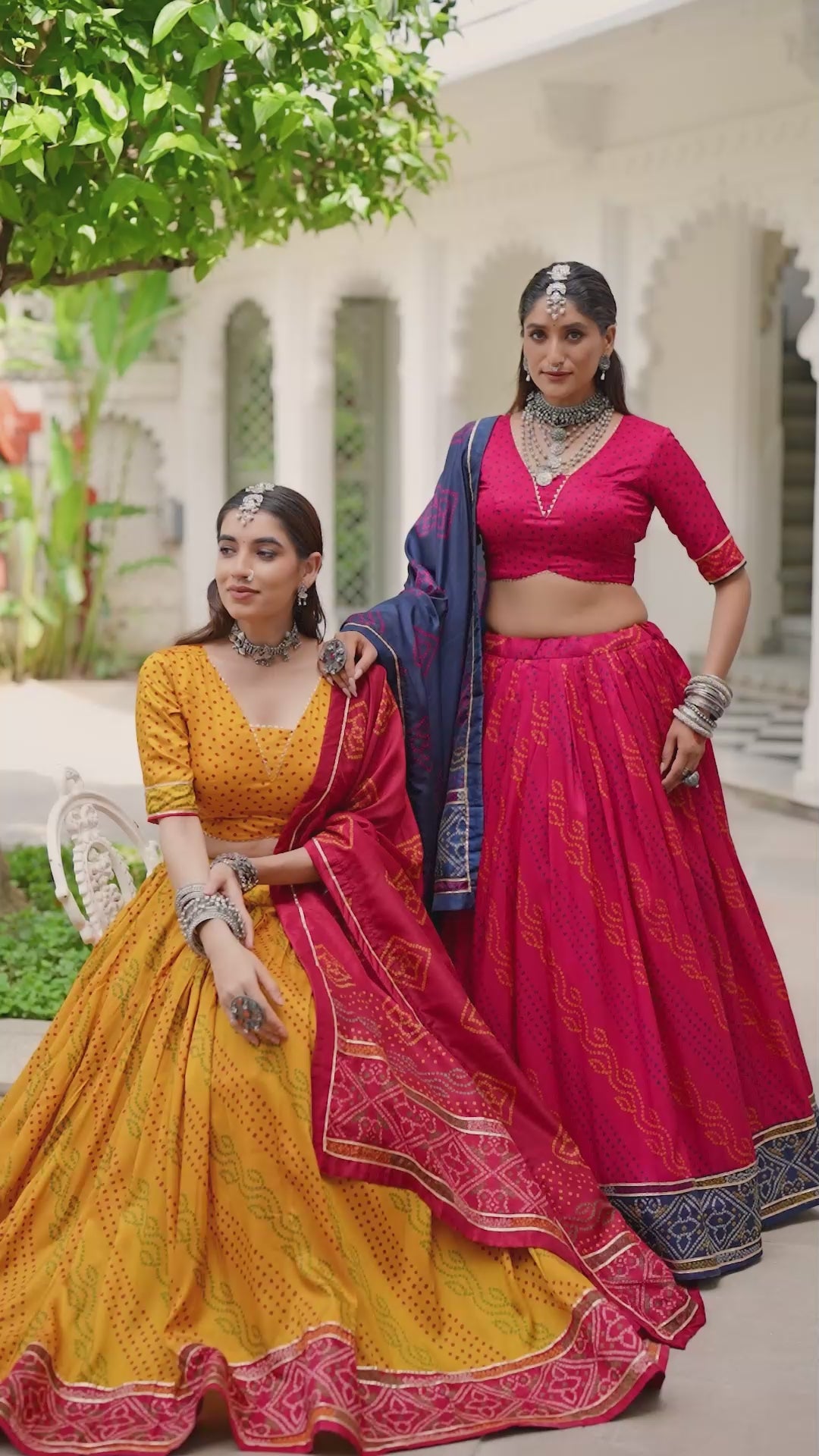 Traditional Bandhej Lehenga Choli with Contrasting Dupatta Elegance