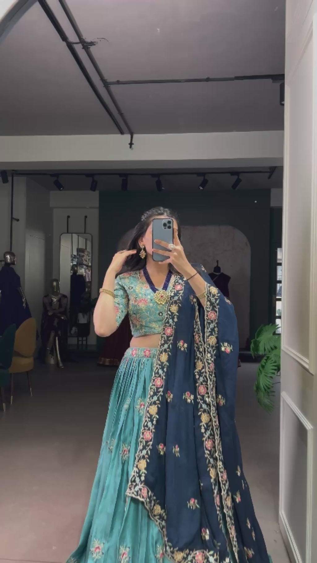 Elegant Sky Blue and Navy Blue Embroidered Lehenga Choli