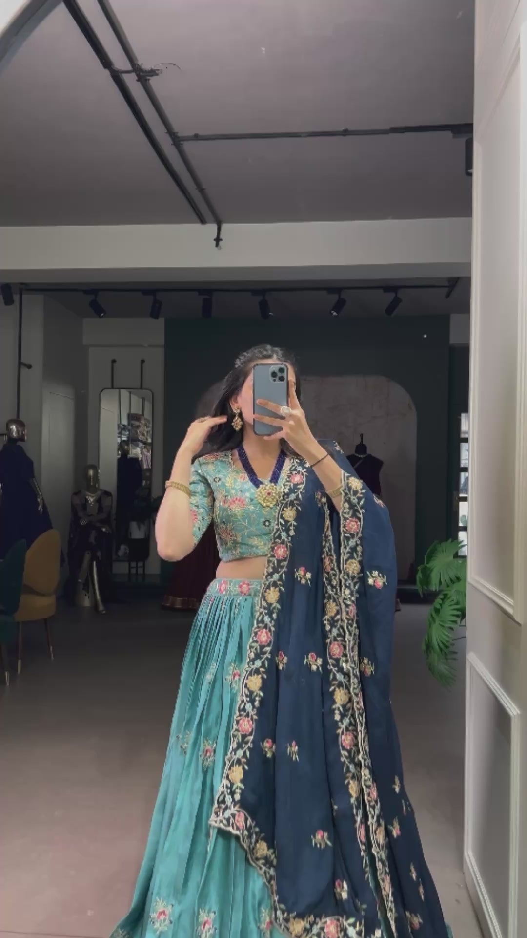Elegant Sky Blue and Navy Blue Embroidered Lehenga Choli
