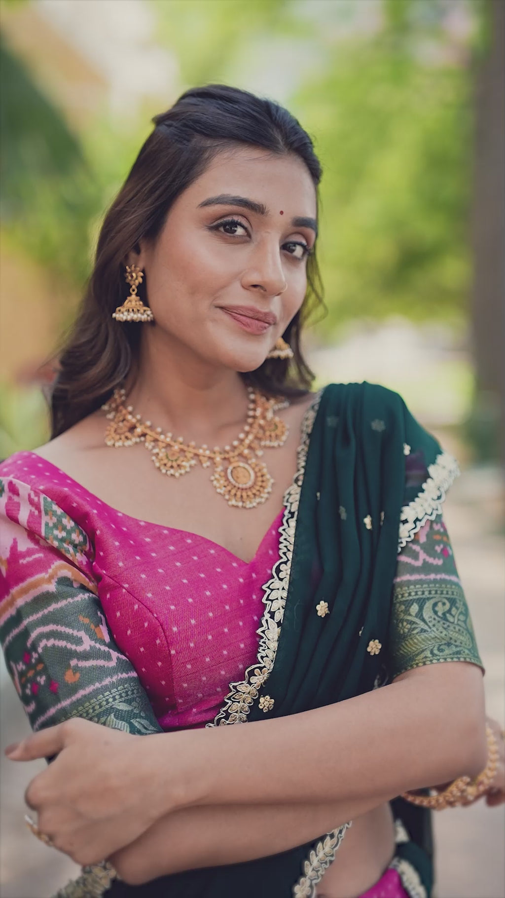 Elegant Woman in a Traditional Gujarati Patola Lehenga Choli.