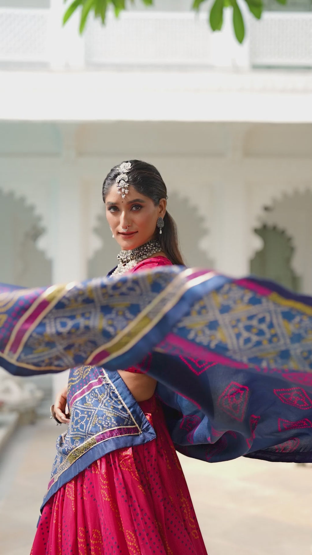 Traditional Bandhej Lehenga Choli with Contrasting Dupatta Elegance