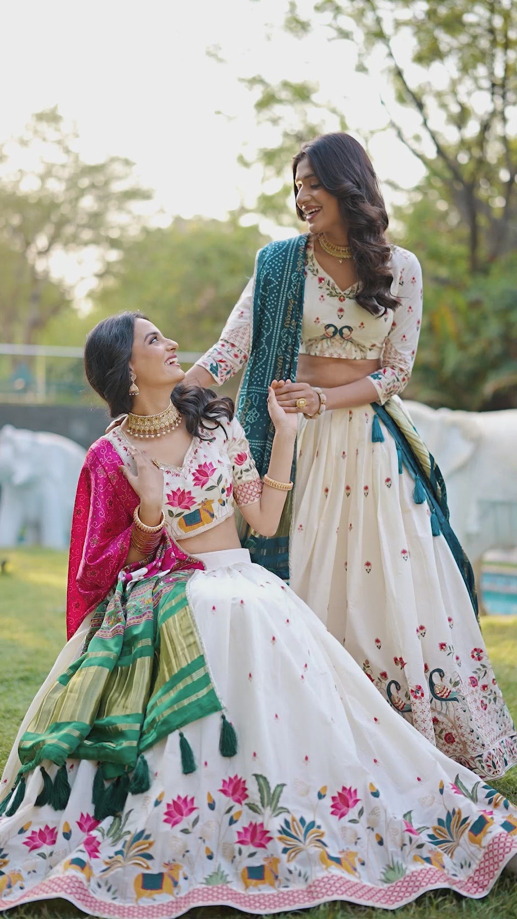 A vision of grace in an ivory lehenga adorned with peacock motifs.