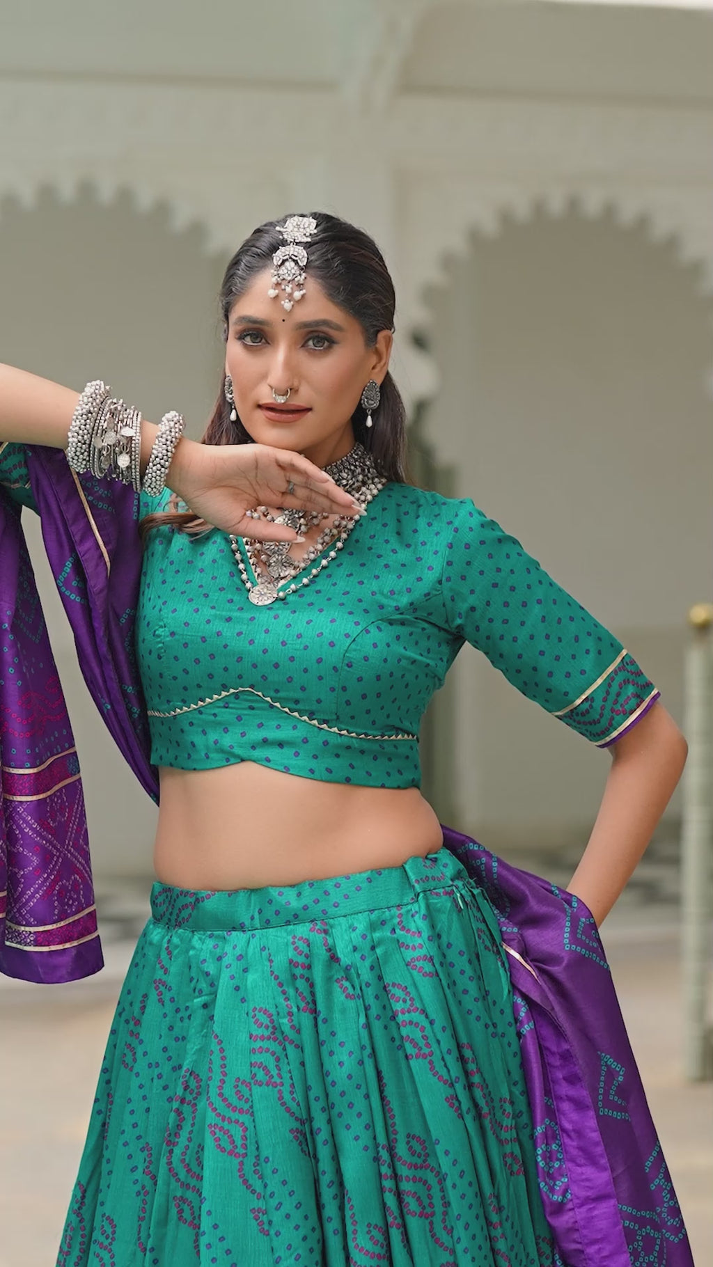 Traditional Bandhej Lehenga Choli with Contrasting Dupatta Elegance