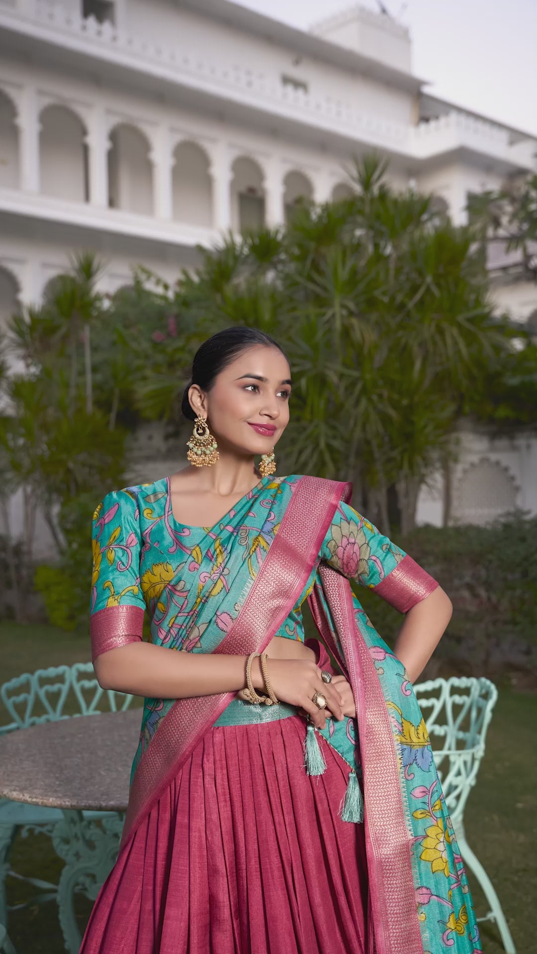 Turquoise and Artistic Print Lehenga with Copper Zari Border