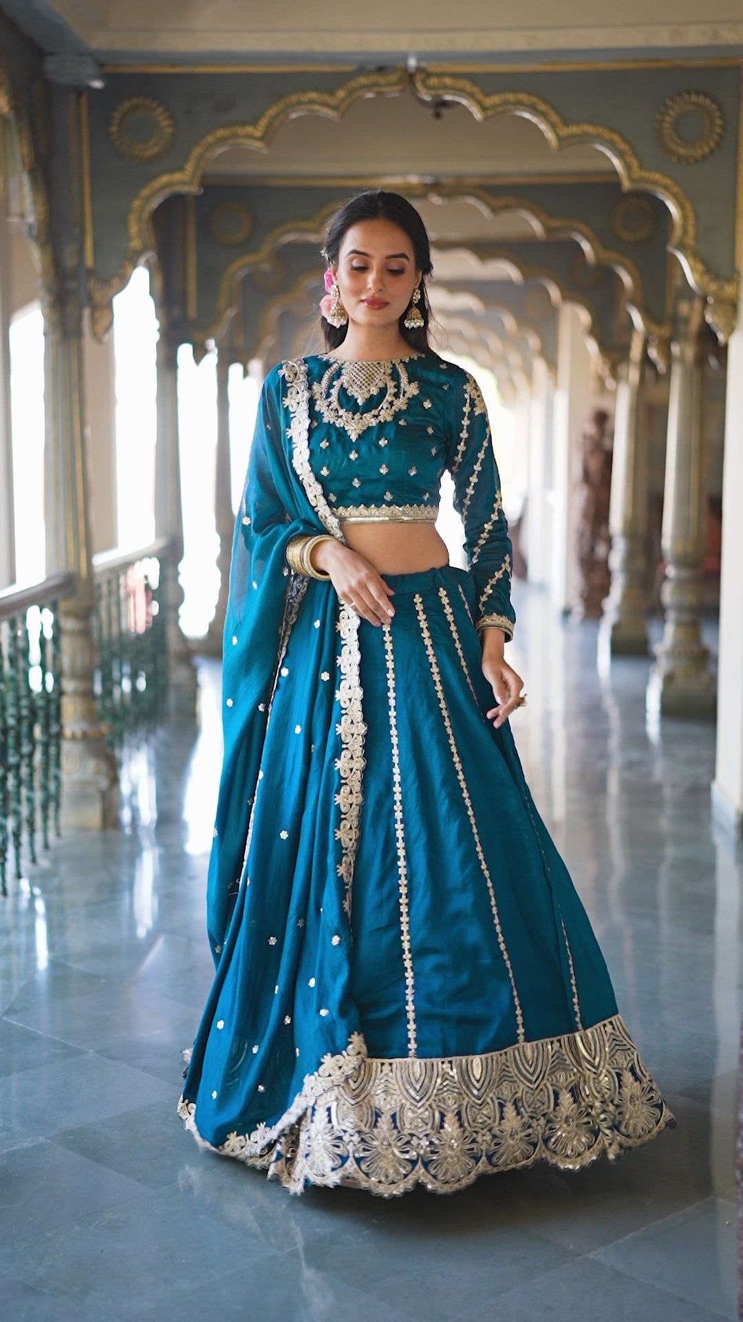 Royal Teal Blue Lehenga Choli with Golden Zari Work