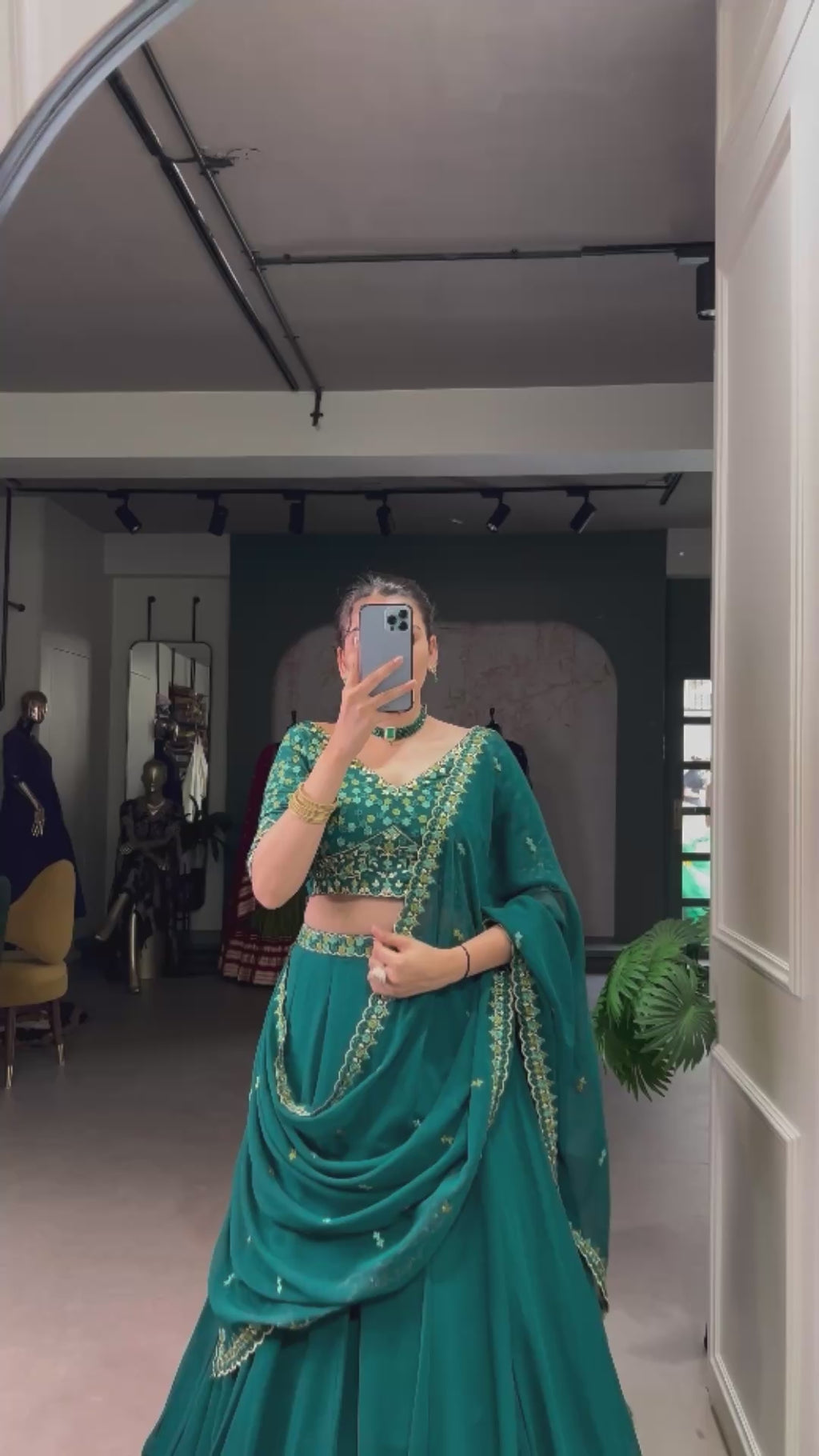 Designer Bottle Green Lehenga with a Pre-draped Dupatta featuring a Scalloped Embroidered Border