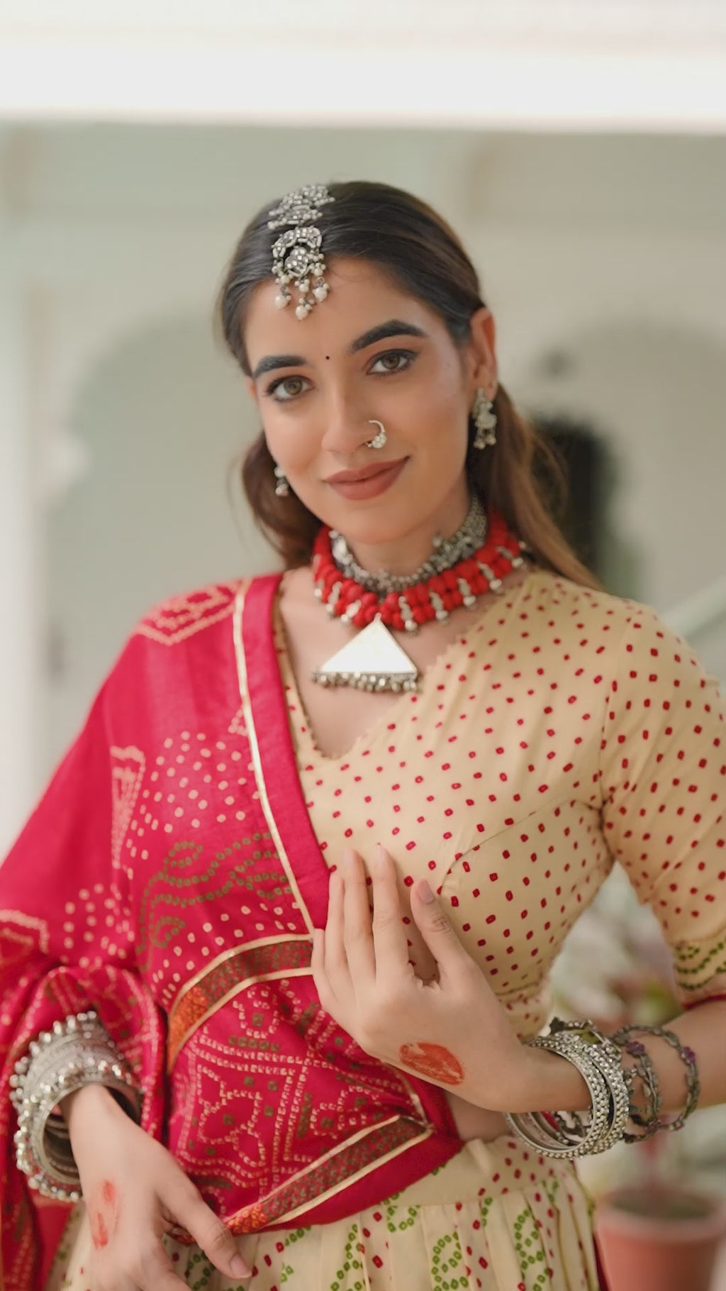 Traditional Bandhej Lehenga Choli with Contrasting Dupatta Elegance