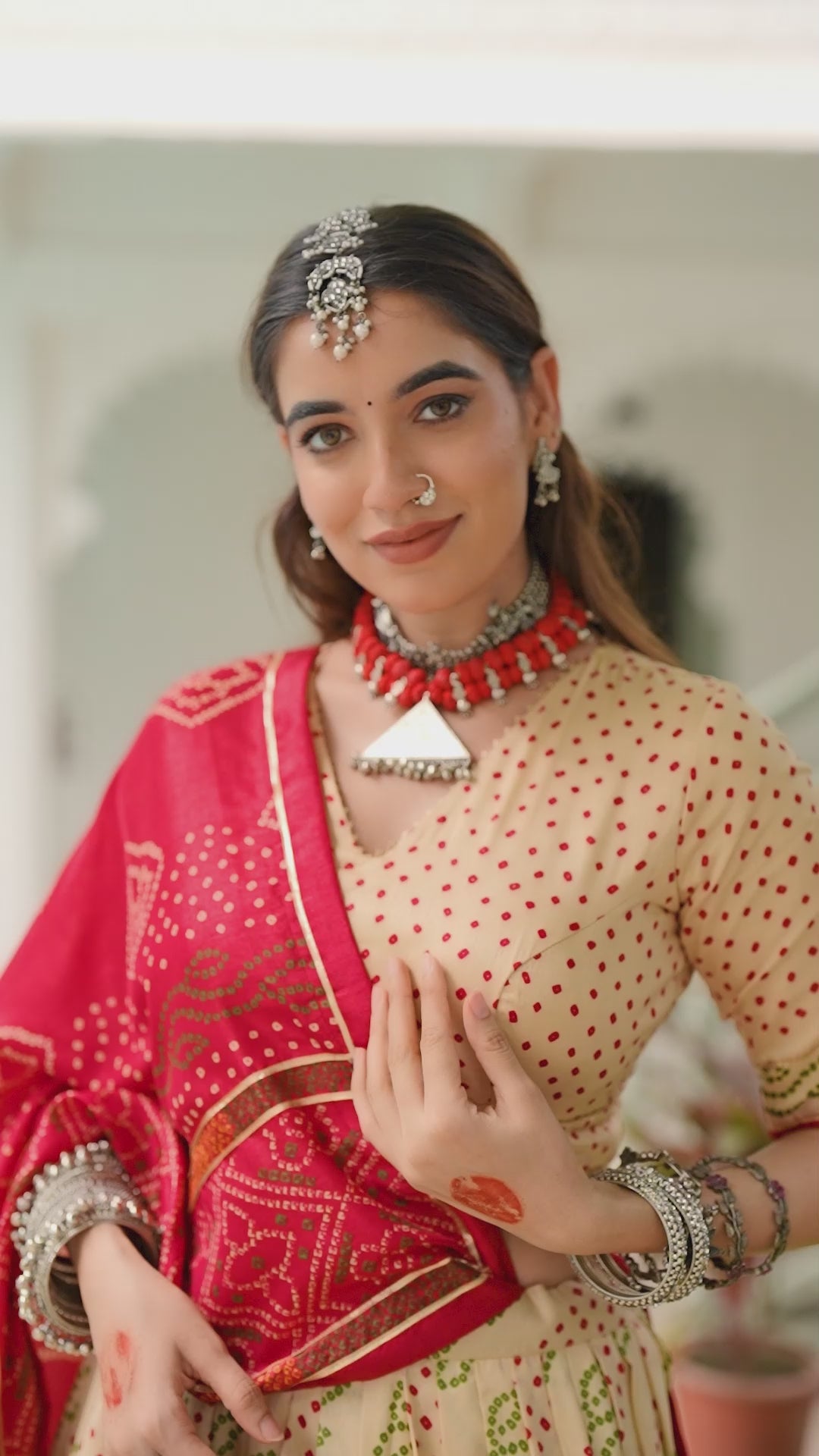 Traditional Bandhej Lehenga Choli with Contrasting Dupatta Elegance