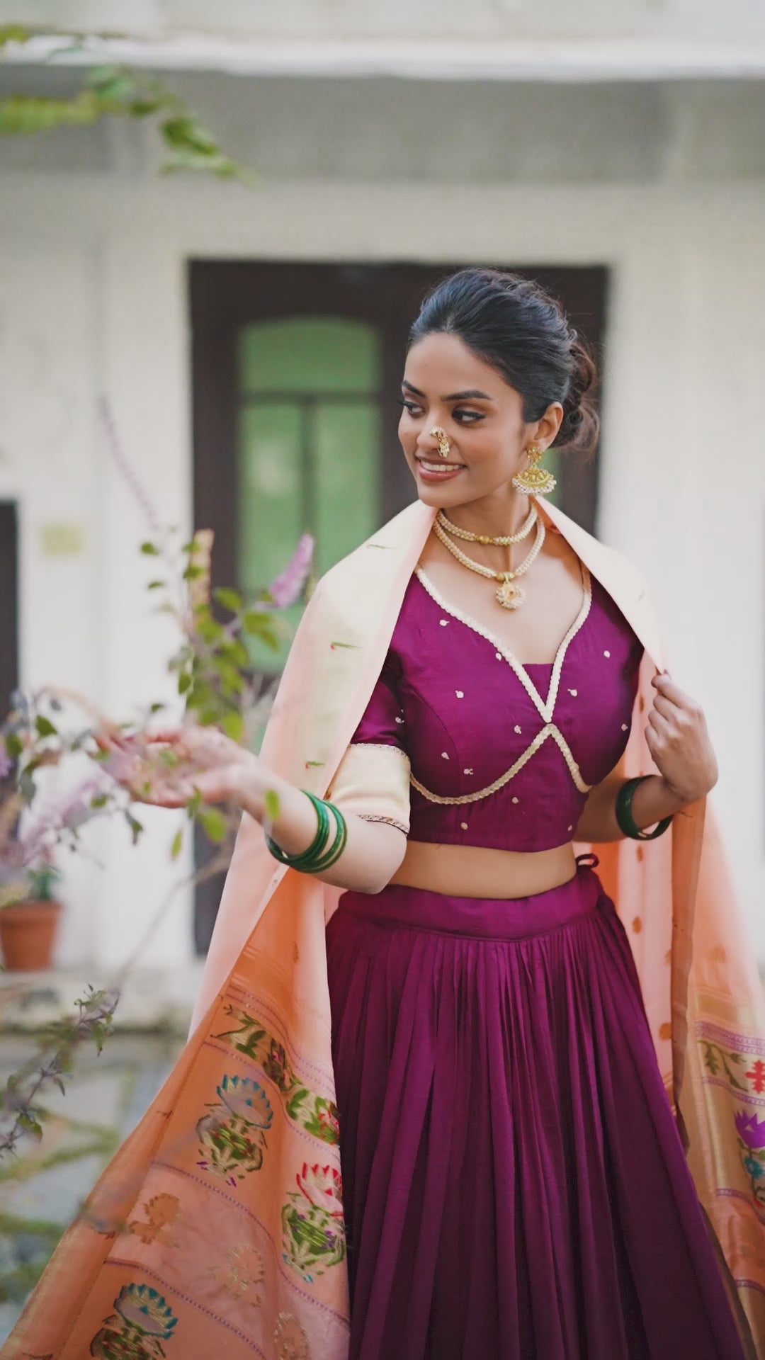Vichitra Silk Wine Lehenga Choli with Peach Drape