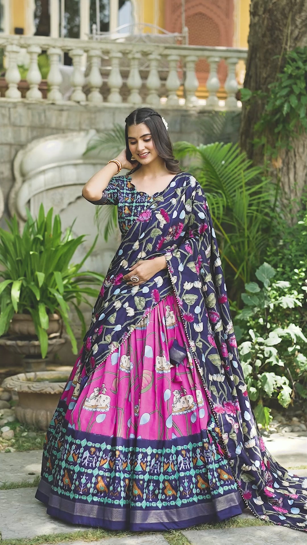 Vibrant Fusion Lehenga in Pink & Navy with Artistic Motifs