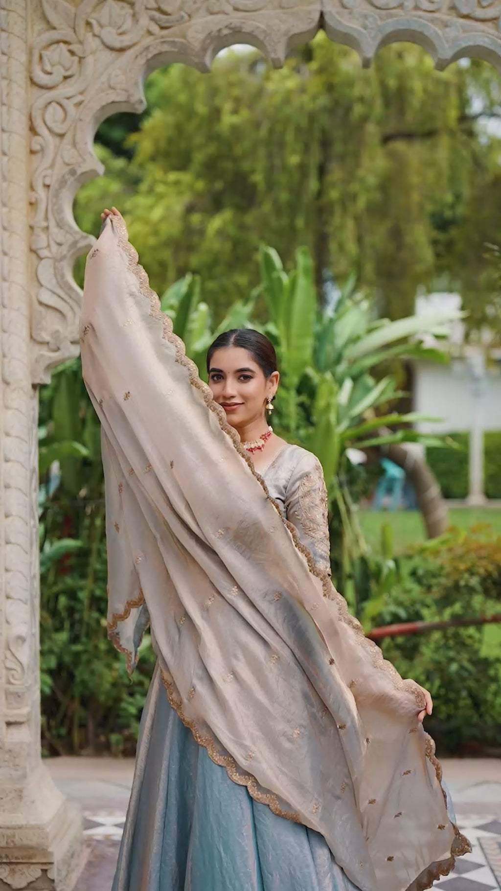Designer Rose Gold Lehenga in Crushed Shimmer Fabric with an Embroidered