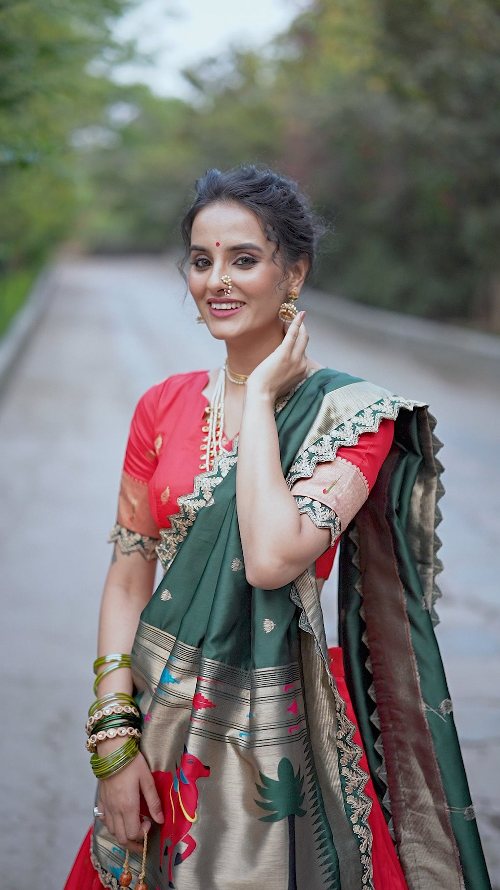 Red Jacquard Silk  Lehenga with Zari Weaving Work and Green Contrast Dupatta