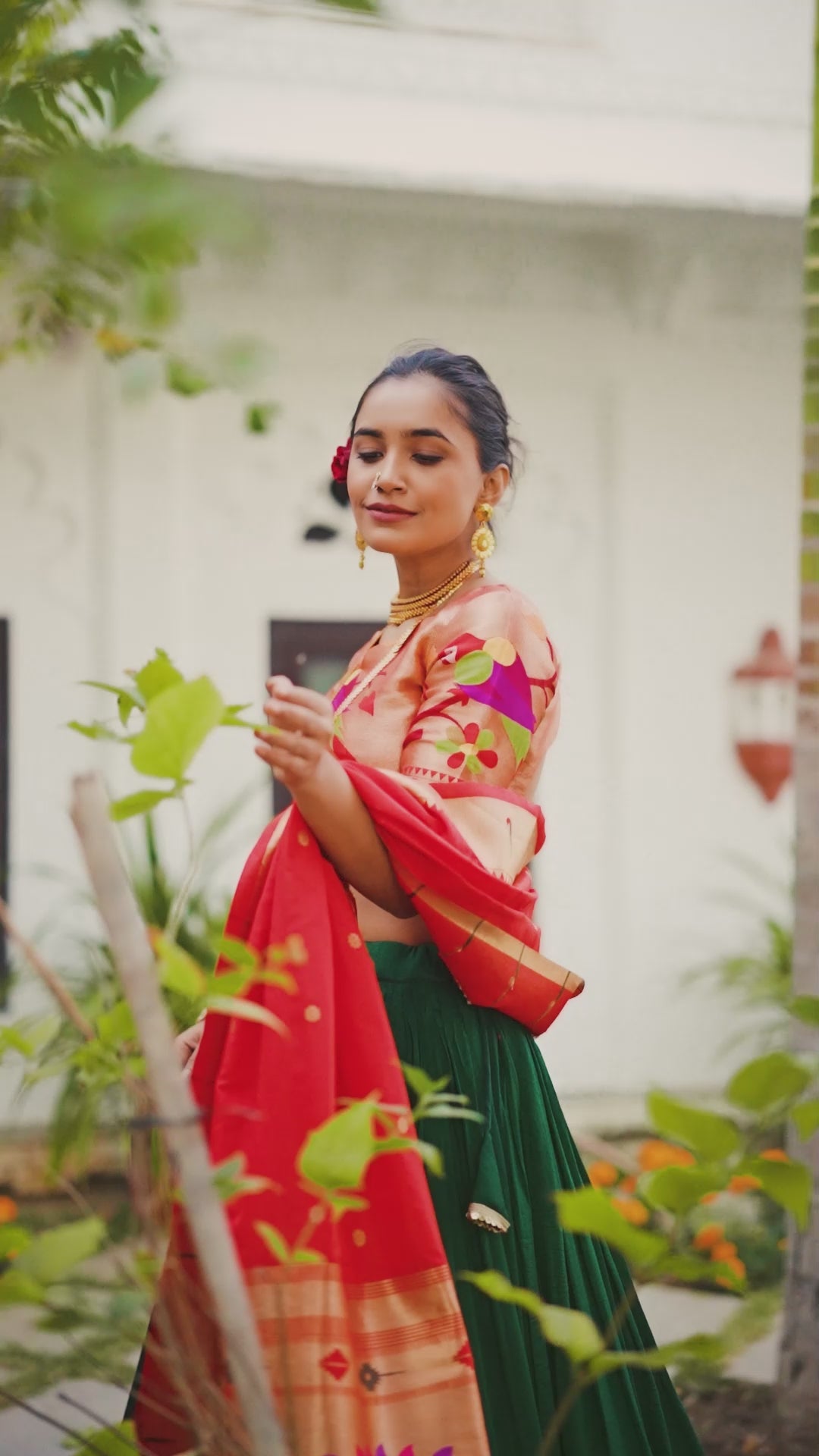 Bottle Green  Vichitra  Silk Lehenga with Red Contrast Dupatta