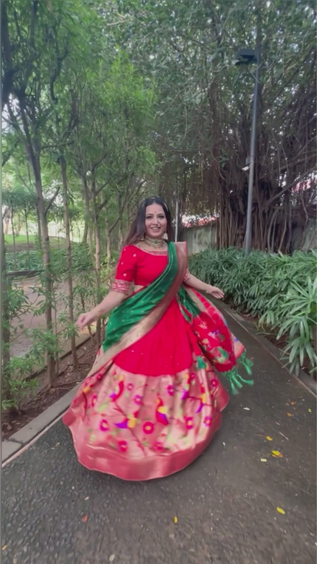 Jacquard Silk Red Choli With Weaving Zari Work and green Dupatta
