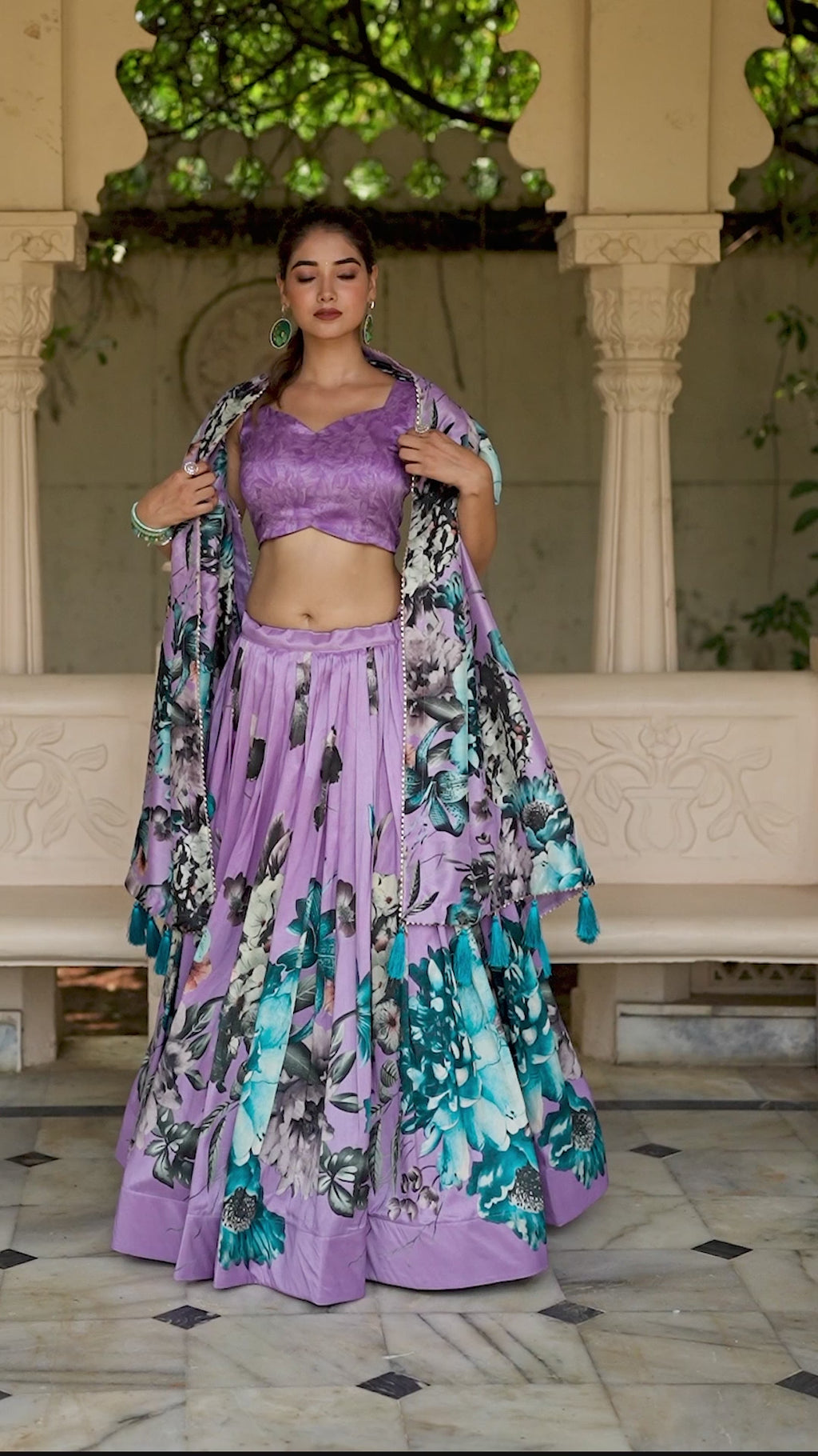 Lavender Floral Printed Lehenga with Matching Blouse and Dupatta