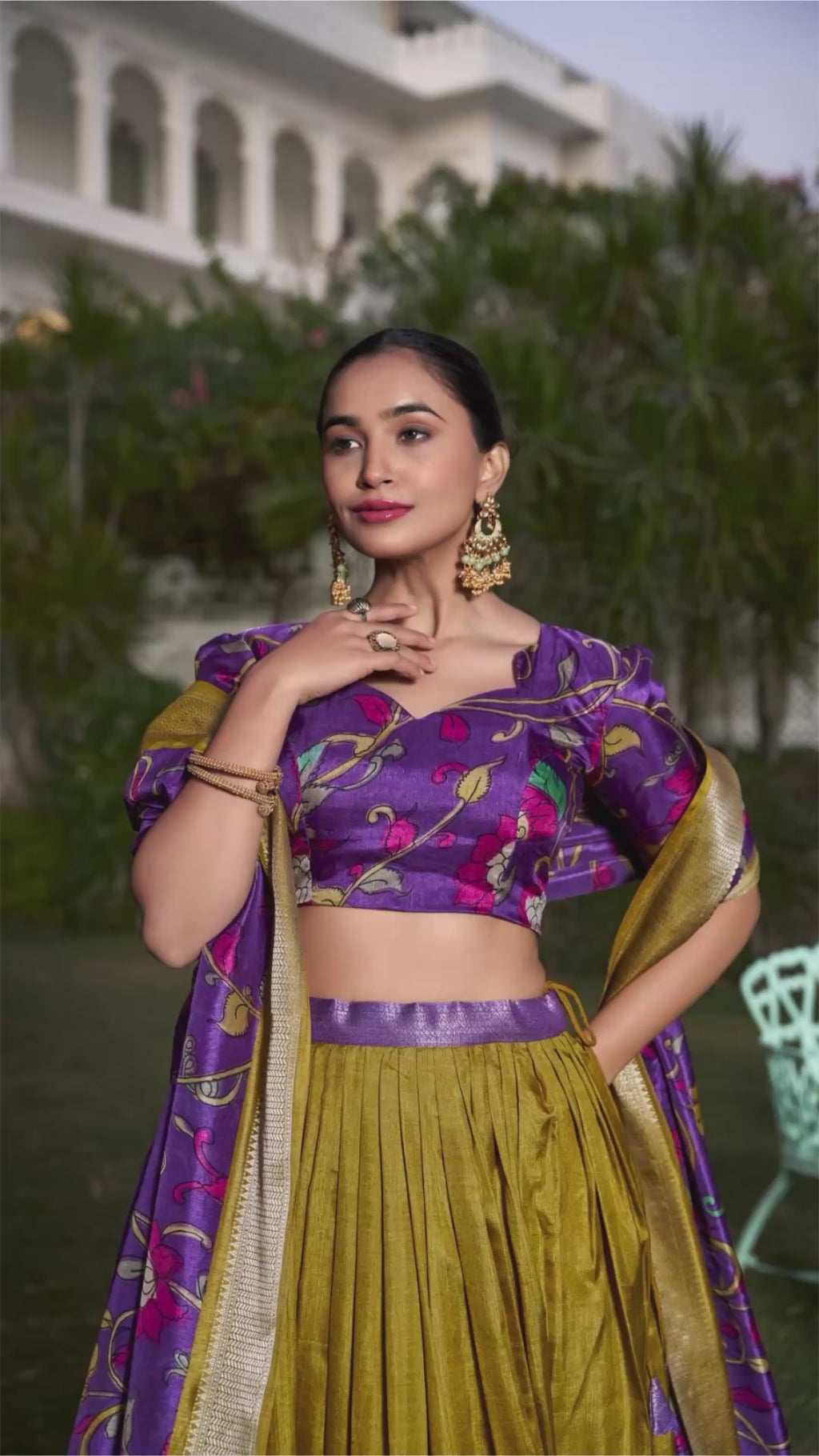Turquoise and Artistic Print Lehenga with Copper Zari Border
