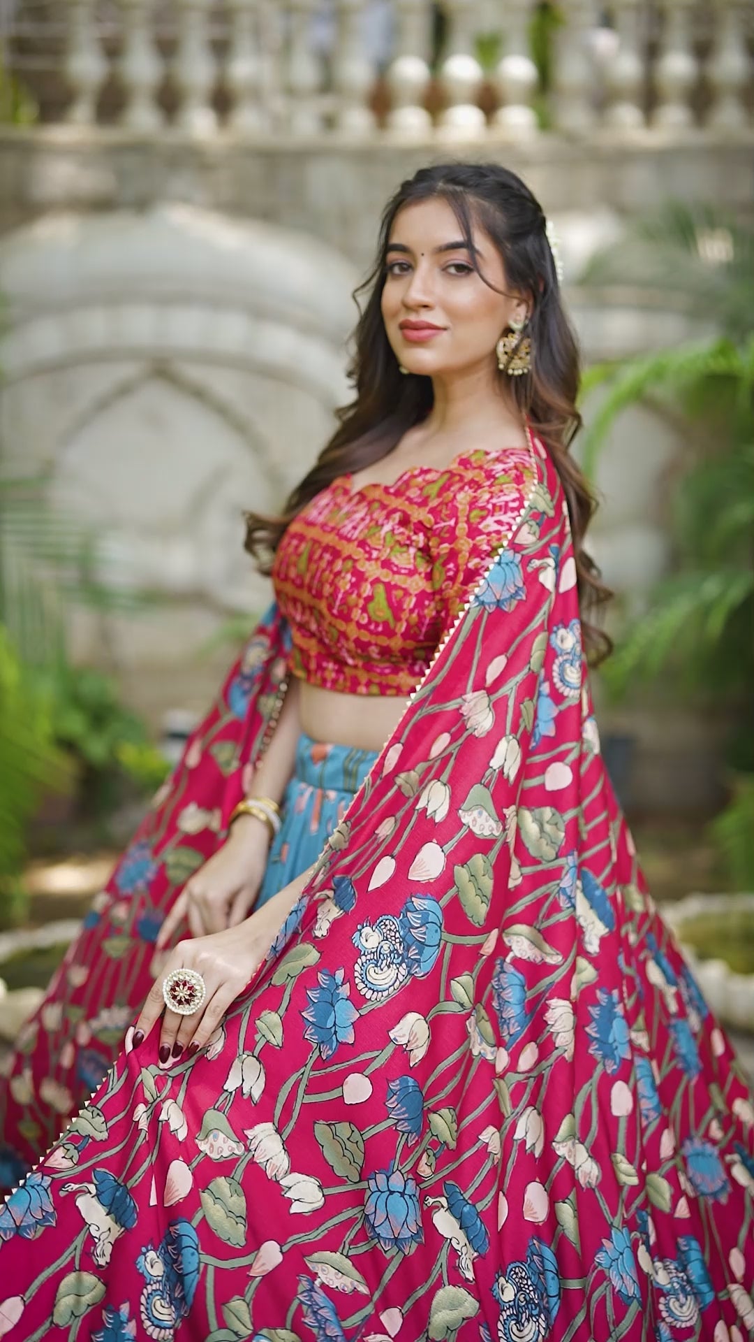 Vibrant Fusion Lehenga in Pink & Navy with Artistic Motifs