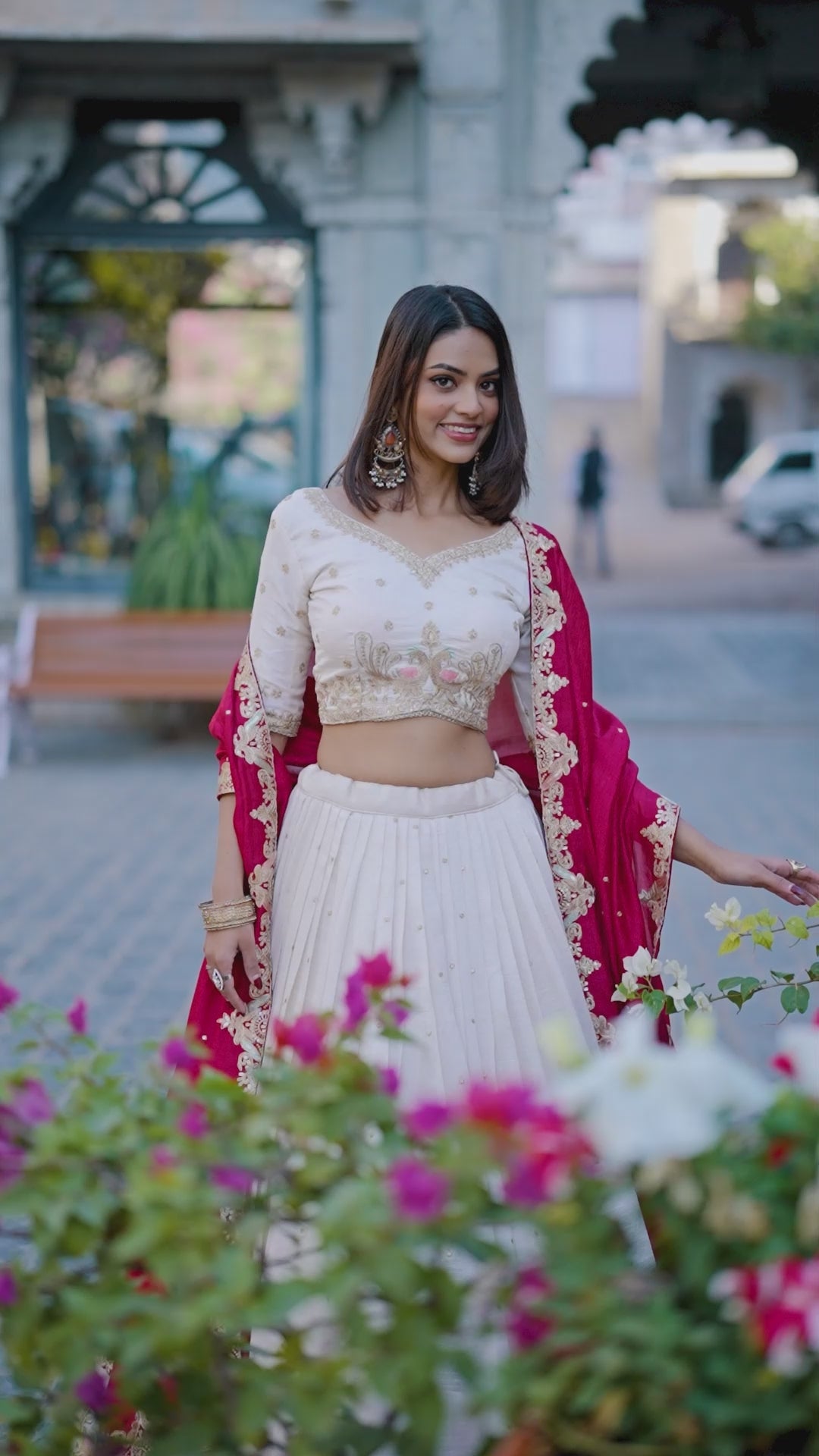 Regal Ivory and Crimson Red Embroidered Lehenga Choli